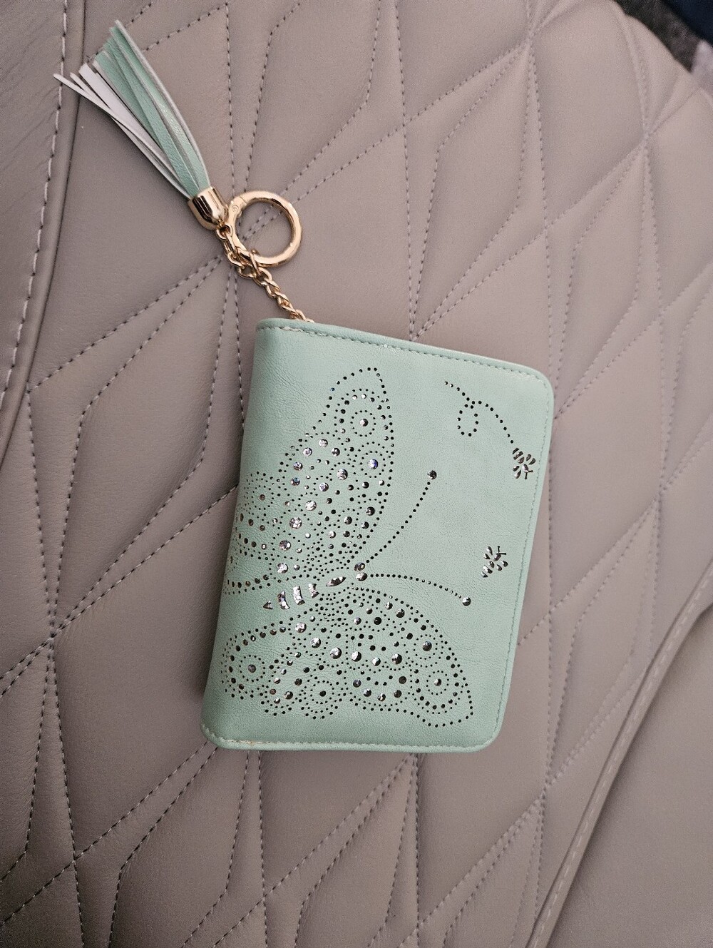 Women's Mint Green Butterfly Zip Wallet with Tassel